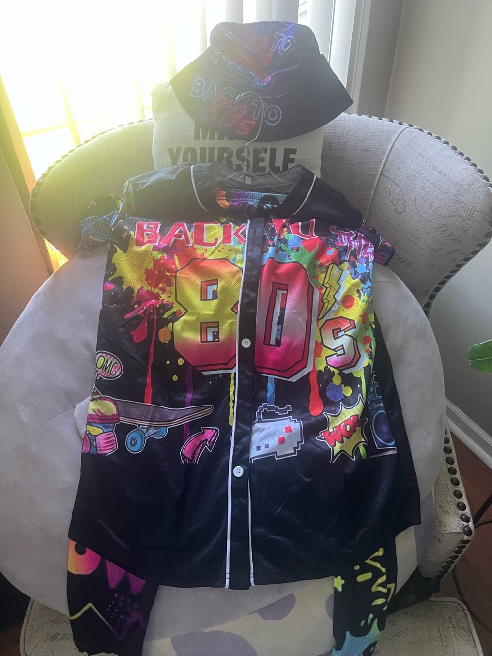 Women’s  Neon 80s Graphic Button-Up Shirt - Black